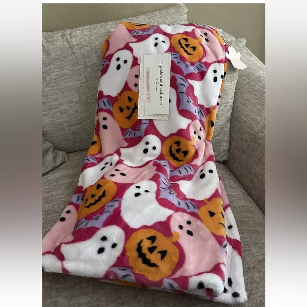 Cupcakes and Cashmere Pink Halloween Blanket - Pumpkin,  Ghosts & Bats